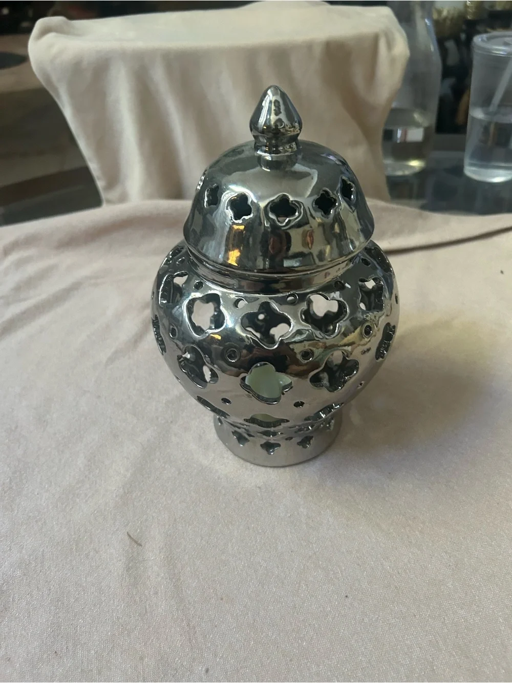 Decorative Ceramic Lidded Lantern in Metallic Silver